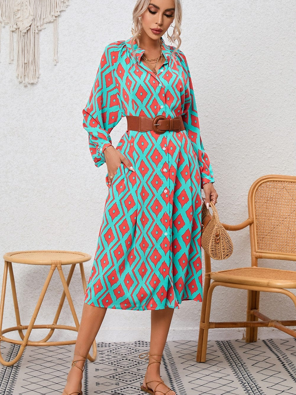 Sky Blue Western Geometric Print Split Buttoned Shirt Dress - Elegant Geometric Print High Waist Midi Dress