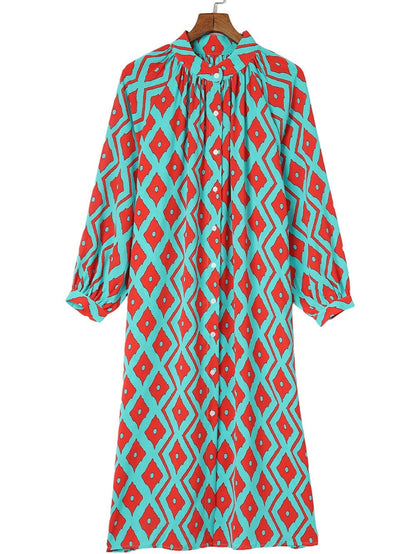 Sky Blue Western Geometric Print Split Buttoned Shirt Dress - Elegant Geometric Print High Waist Midi Dress