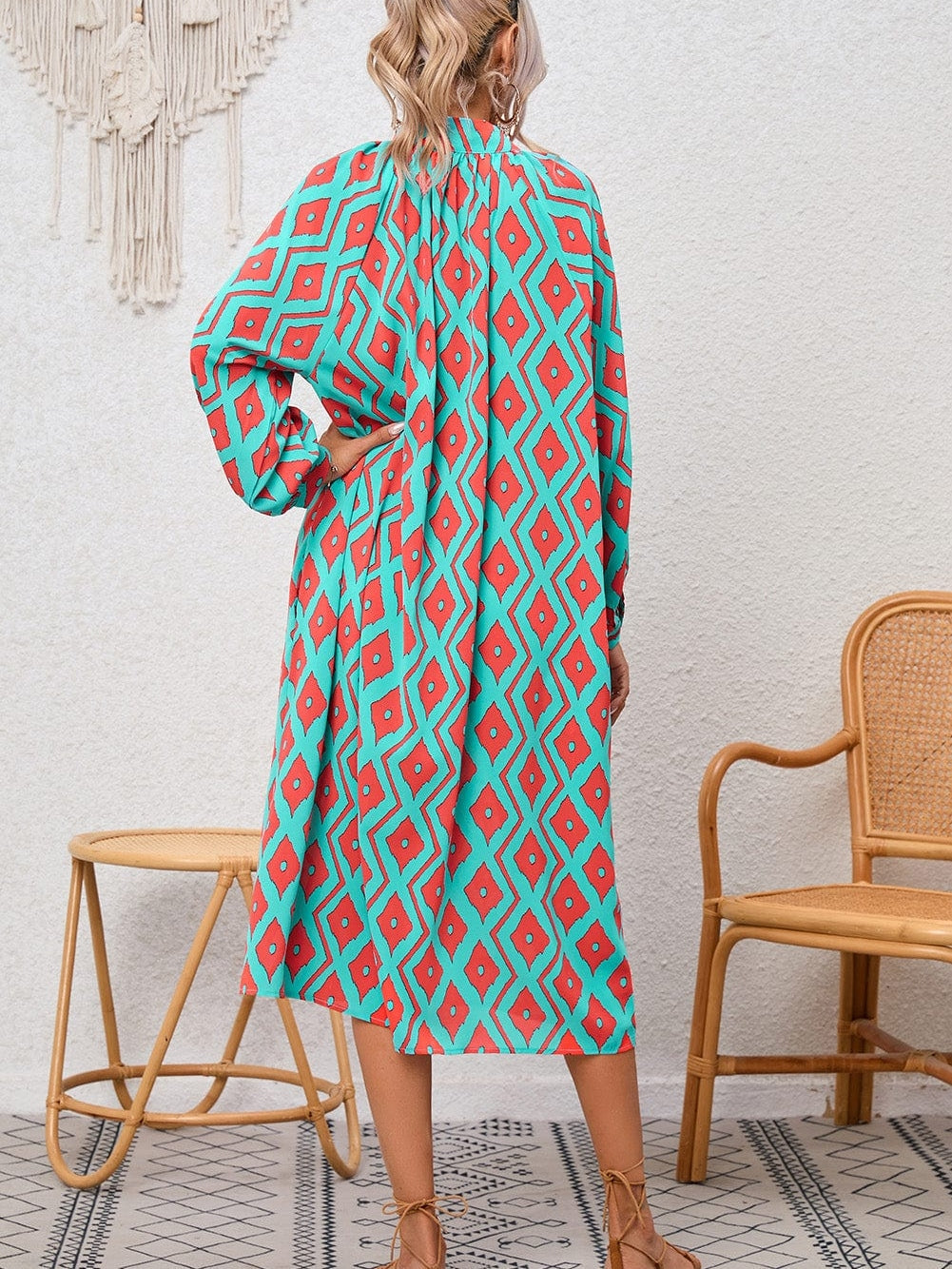 Sky Blue Western Geometric Print Split Buttoned Shirt Dress - Elegant Geometric Print High Waist Midi Dress