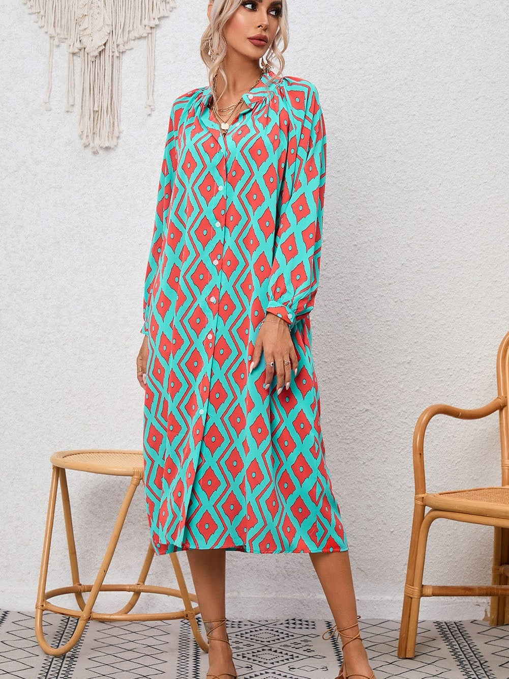 Sky Blue Western Geometric Print Split Buttoned Shirt Dress - Elegant Geometric Print High Waist Midi Dress