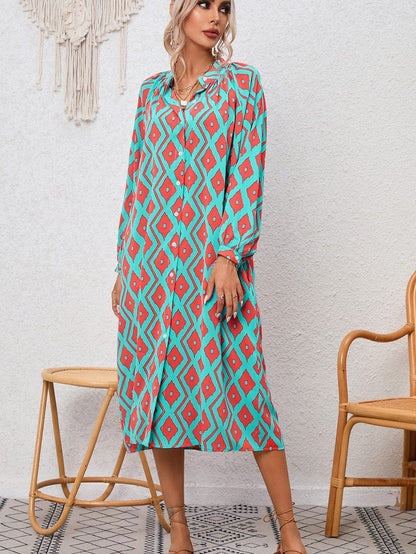Sky Blue Western Geometric Print Split Buttoned Shirt Dress - Elegant Geometric Print High Waist Midi Dress