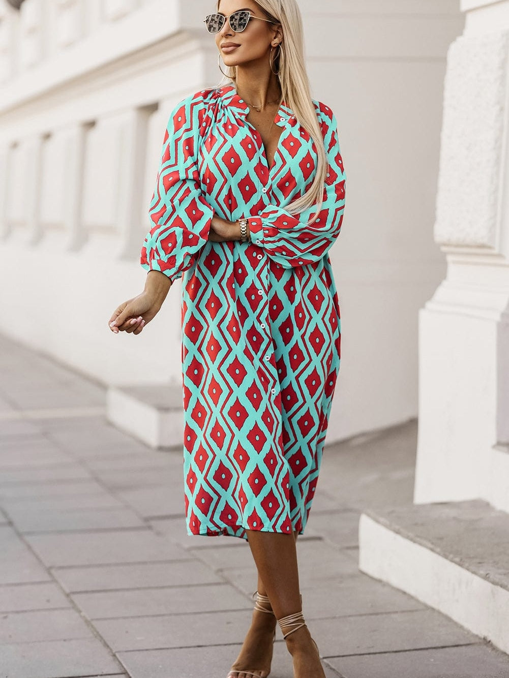 Sky Blue Western Geometric Print Split Buttoned Shirt Dress - Elegant Geometric Print High Waist Midi Dress