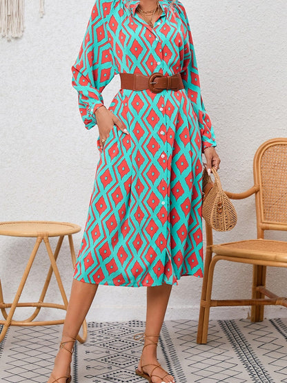 Sky Blue Western Geometric Print Split Buttoned Shirt Dress - Elegant Geometric Print High Waist Midi Dress