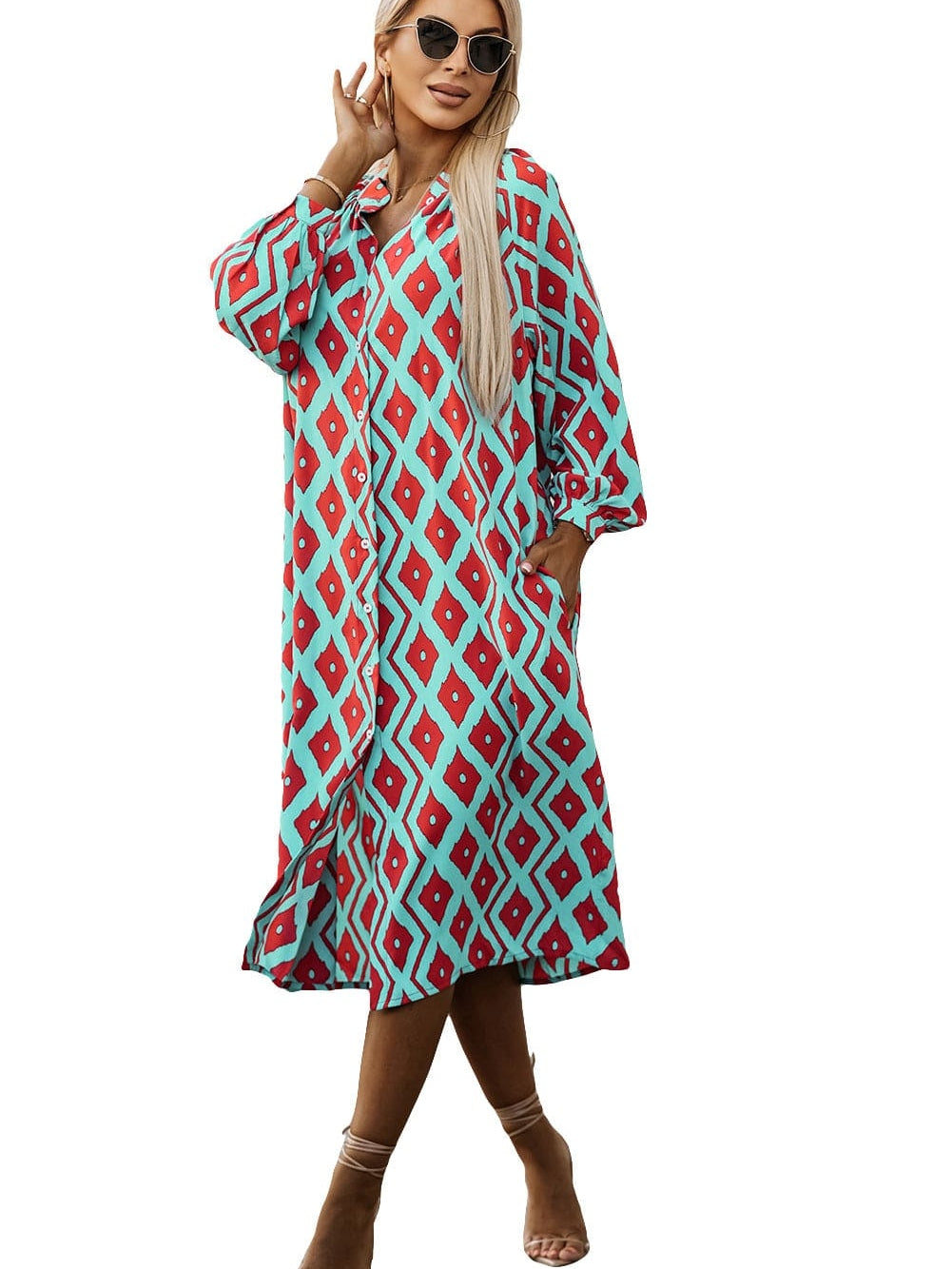 Sky Blue Western Geometric Print Split Buttoned Shirt Dress - Elegant Geometric Print High Waist Midi Dress