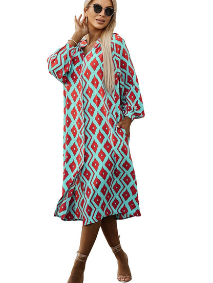 Sky Blue Western Geometric Print Split Buttoned Shirt Dress - Elegant Geometric Print High Waist Midi Dress