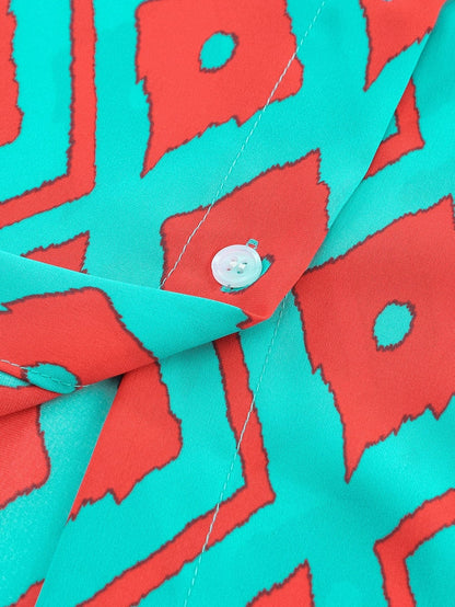 Sky Blue Western Geometric Print Split Buttoned Shirt Dress - Elegant Geometric Print High Waist Midi Dress