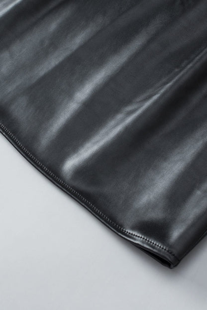 Sleek Black Faux Leather Crew Neck Sleeveless Top