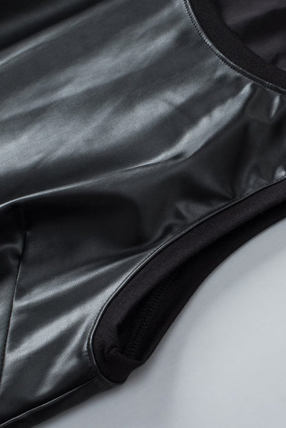 Sleek Black Faux Leather Crew Neck Sleeveless Top