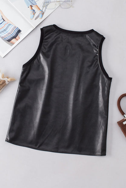 Sleek Black Faux Leather Crew Neck Sleeveless Top