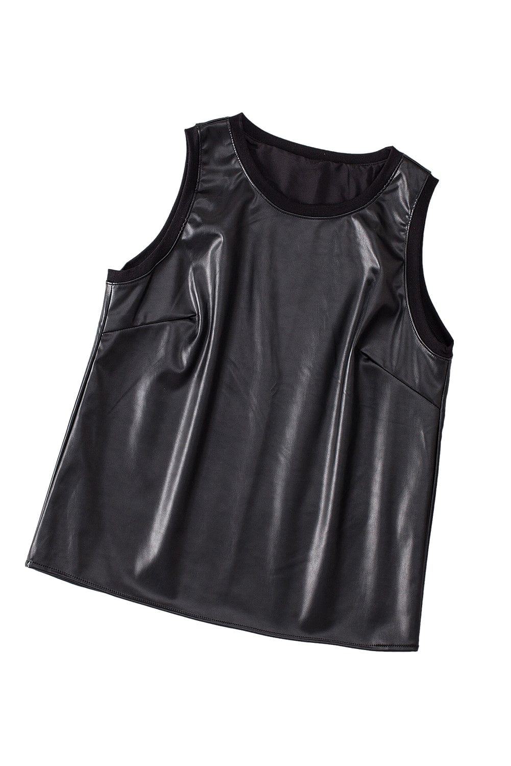 Sleek Black Faux Leather Crew Neck Sleeveless Top