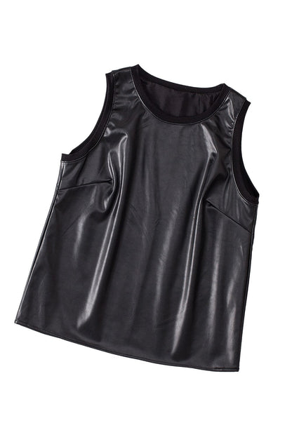 Sleek Black Faux Leather Crew Neck Sleeveless Top
