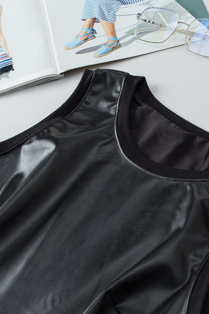 Sleek Black Faux Leather Crew Neck Sleeveless Top