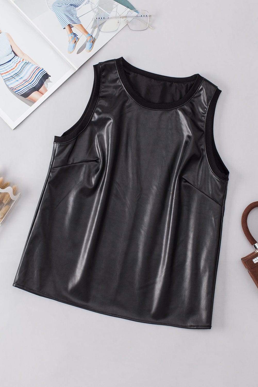 Sleek Black Faux Leather Crew Neck Sleeveless Top