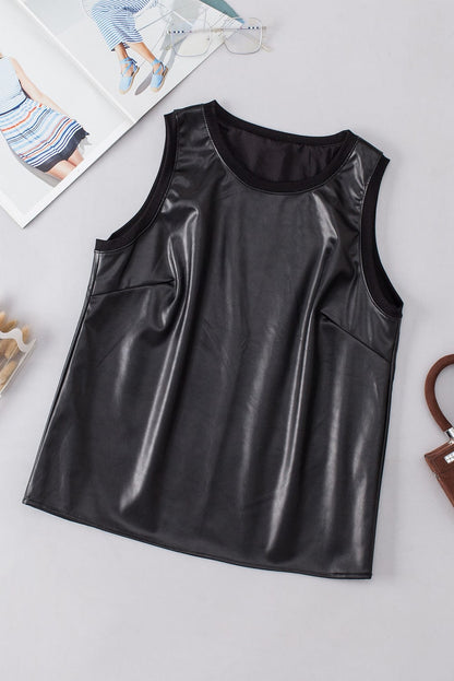 Sleek Black Faux Leather Crew Neck Sleeveless Top