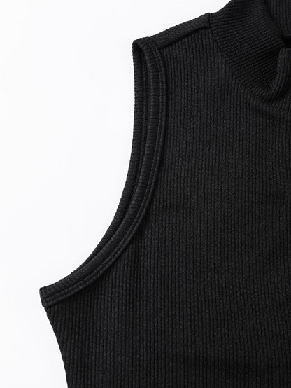 Sleek Black Ribbed Sleeveless Bodysuit with Mock Neck Zip-Up Style