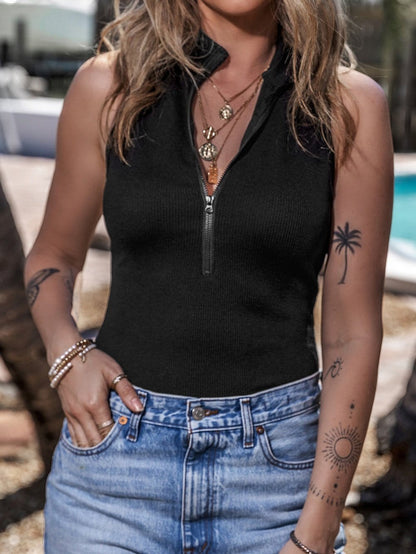 Sleek Black Ribbed Sleeveless Bodysuit with Mock Neck Zip-Up Style