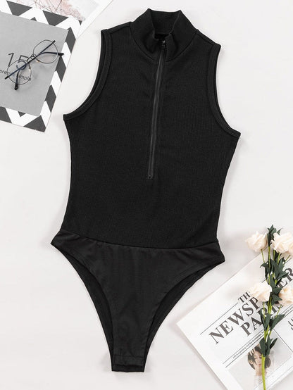 Sleek Black Ribbed Sleeveless Bodysuit with Mock Neck Zip-Up Style