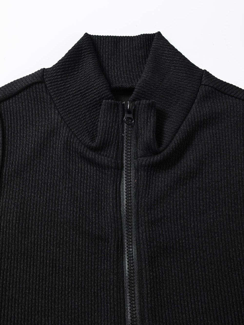 Sleek Black Ribbed Sleeveless Bodysuit with Mock Neck Zip-Up Style