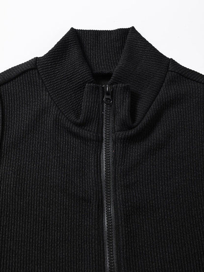 Sleek Black Ribbed Sleeveless Bodysuit with Mock Neck Zip-Up Style