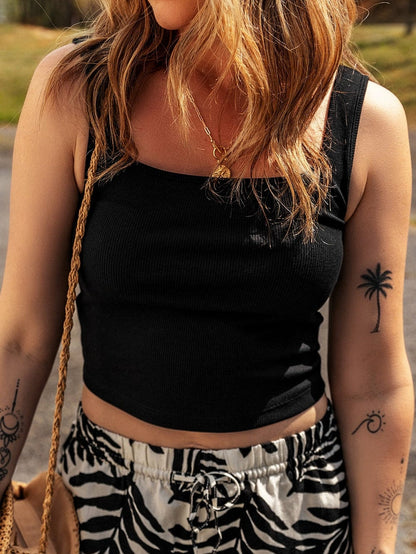 Sleek Black Ribbed Square Neck Sleeveless Crop Top