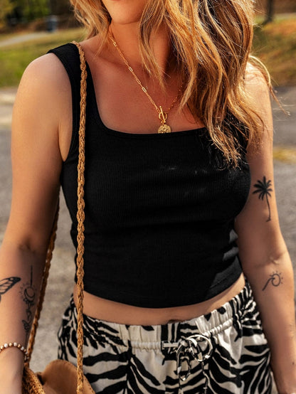 Sleek Black Ribbed Square Neck Sleeveless Crop Top