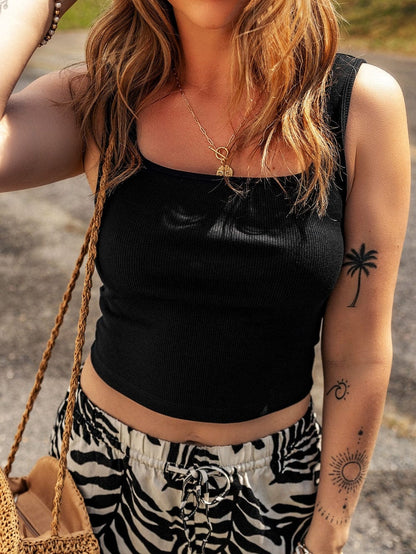 Sleek Black Ribbed Square Neck Sleeveless Crop Top