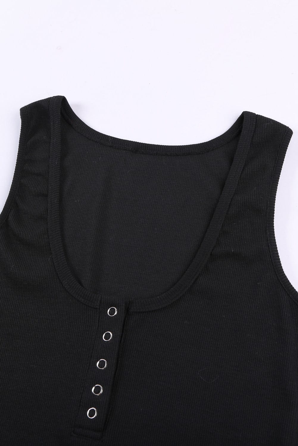 Sleek Black Ribbed Tank Top with Button Detail