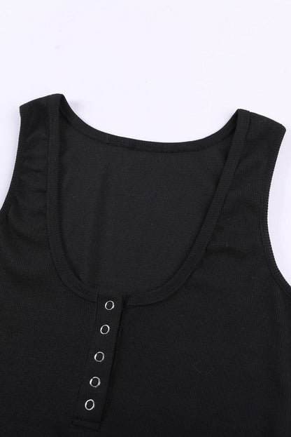 Sleek Black Ribbed Tank Top with Button Detail