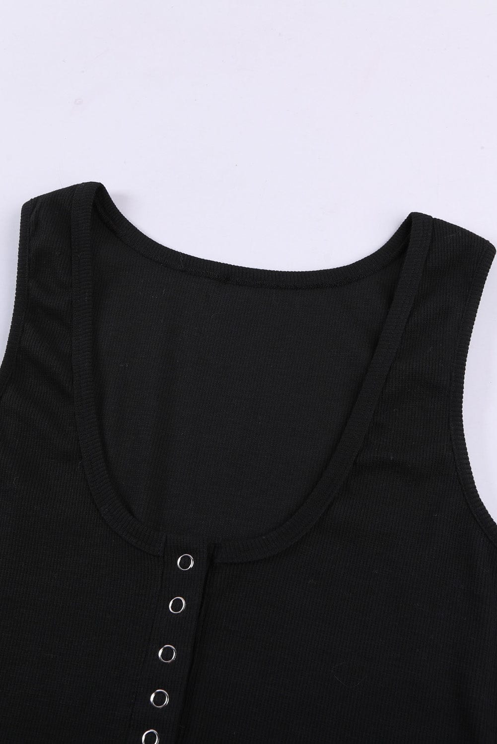 Sleek Black Ribbed Tank Top with Button Detail