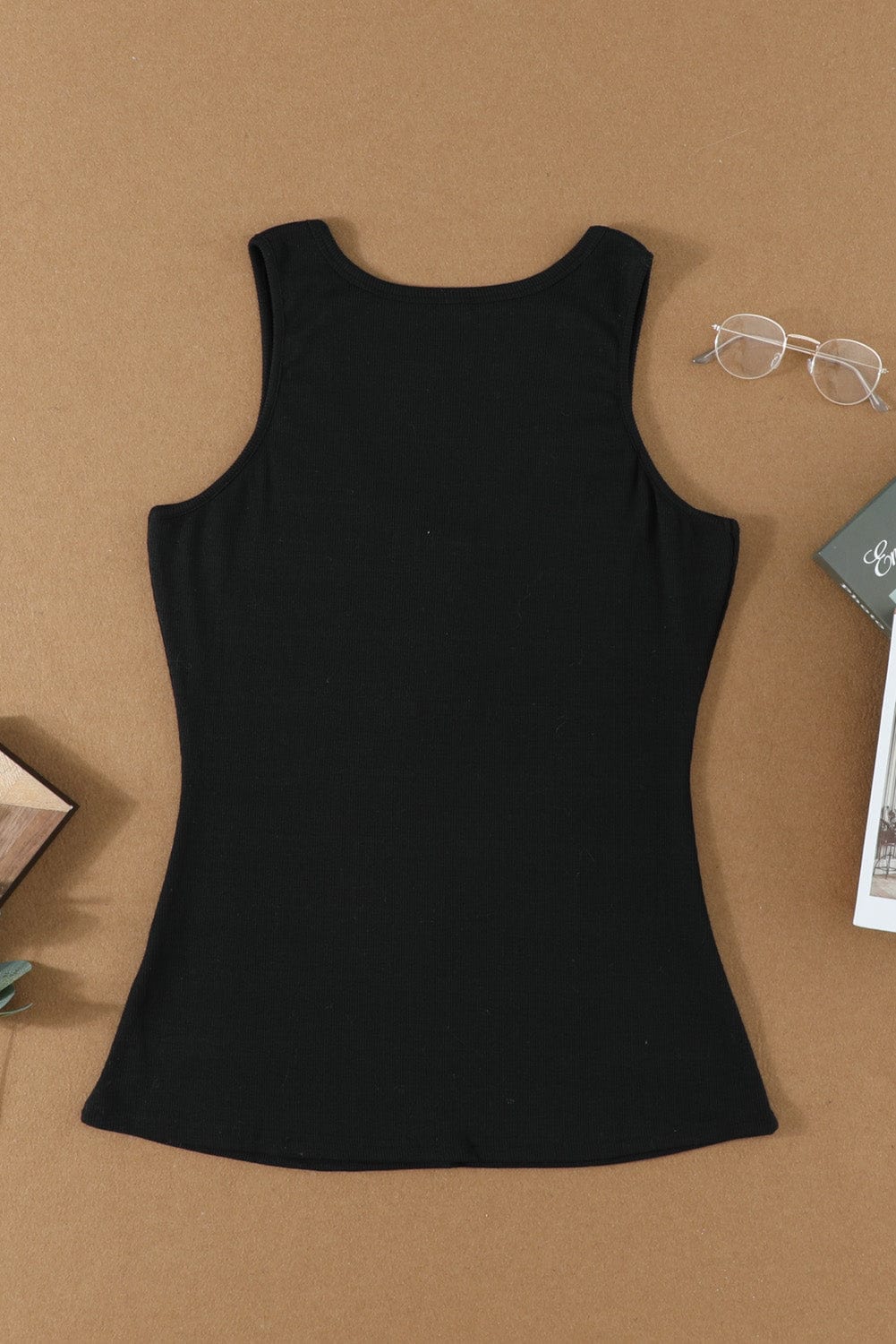 Sleek Black Ribbed Tank Top with Button Detail