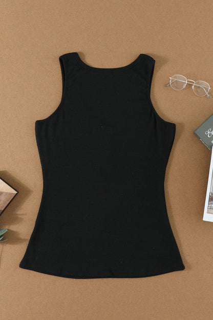 Sleek Black Ribbed Tank Top with Button Detail