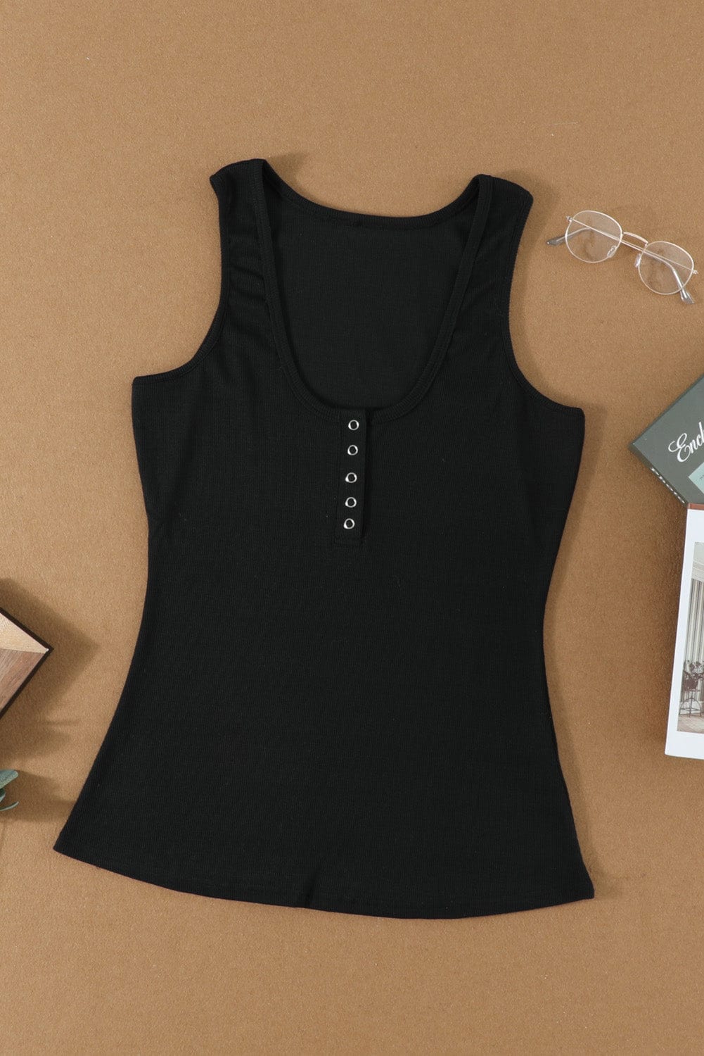 Sleek Black Ribbed Tank Top with Button Detail