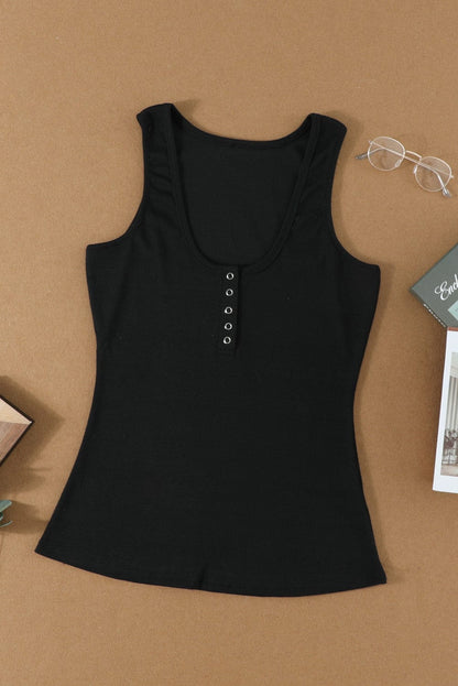 Sleek Black Ribbed Tank Top with Button Detail