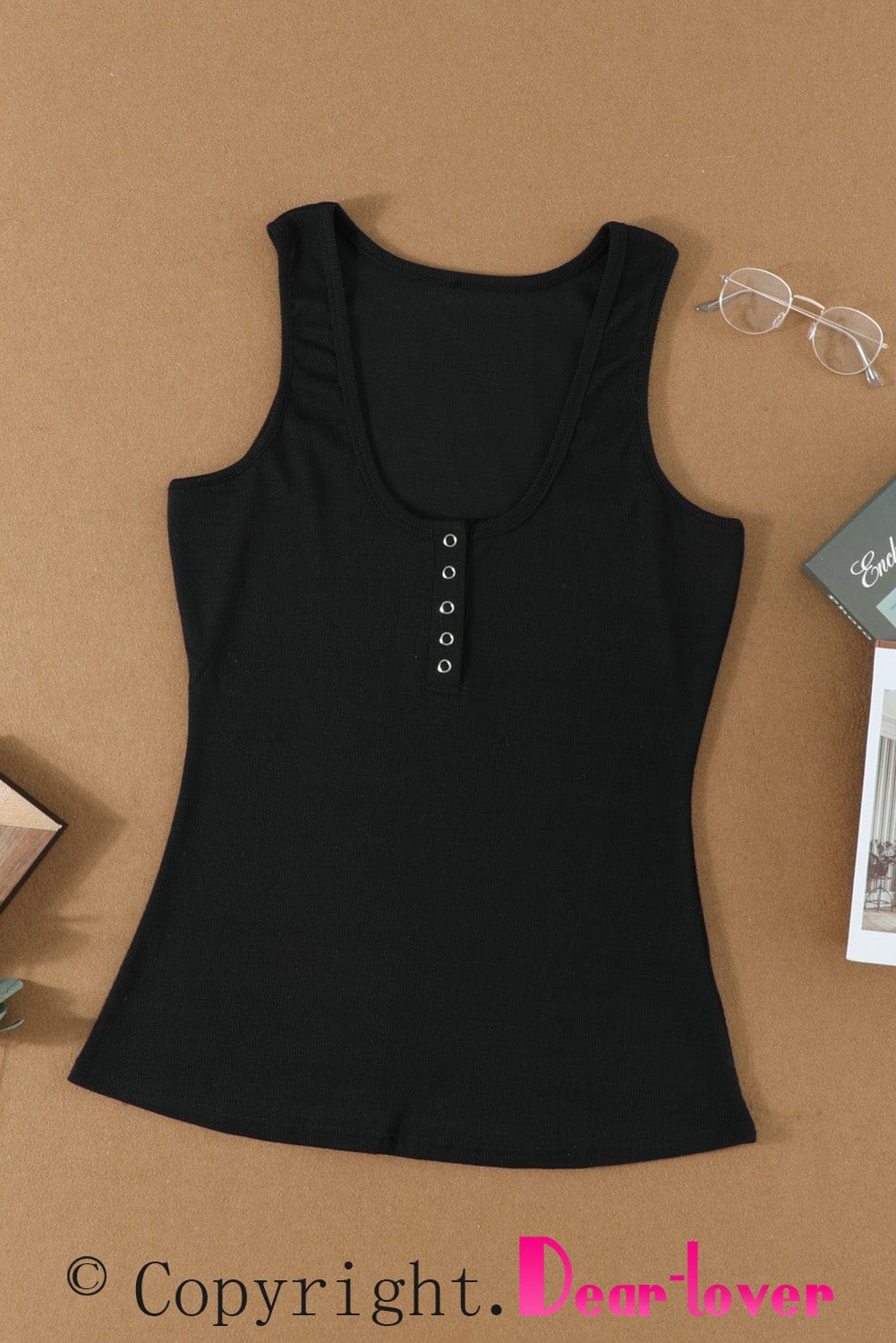 Sleek Black Ribbed Tank Top with Button Detail