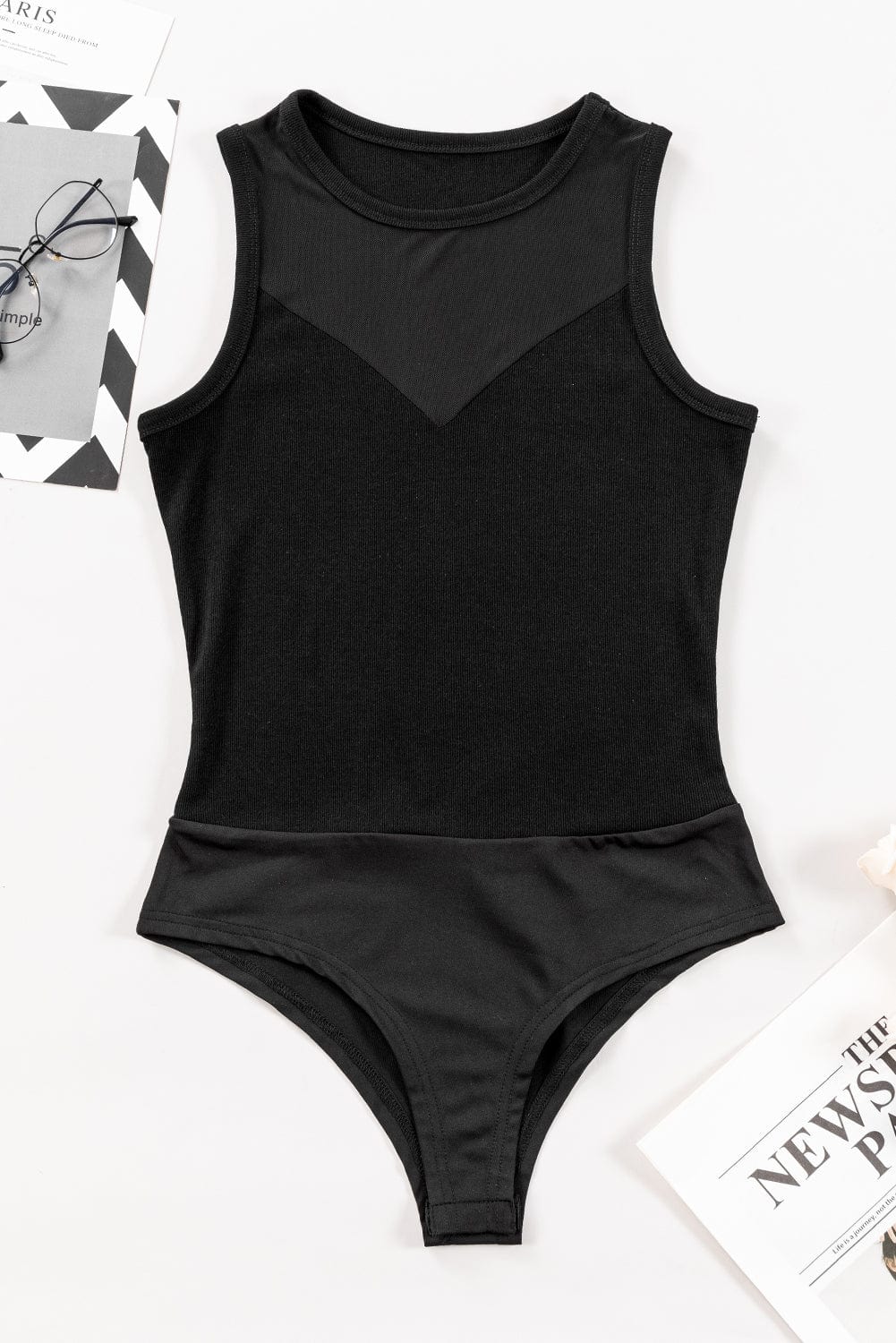 Sleek Black Sheer Mesh Patchwork Bodysuit