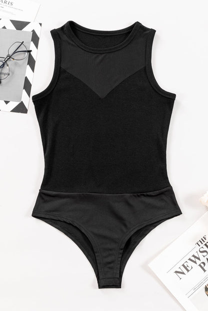 Sleek Black Sheer Mesh Patchwork Bodysuit