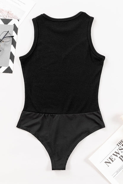 Sleek Black Sheer Mesh Patchwork Bodysuit