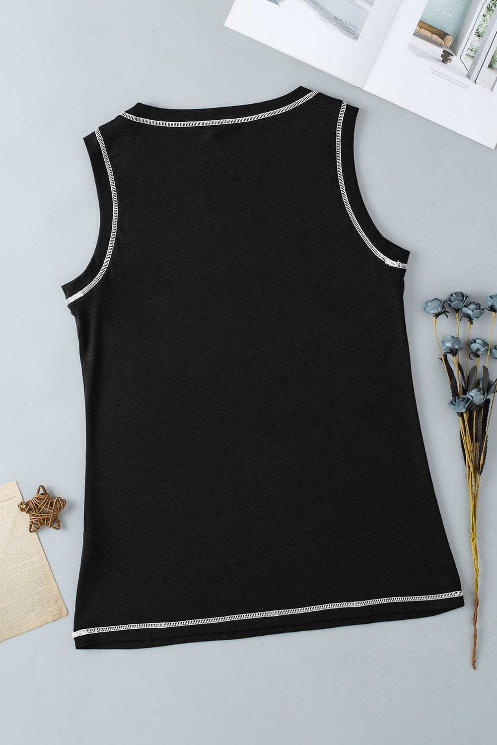 Sleek Black Stitched Round Neck Tank Top