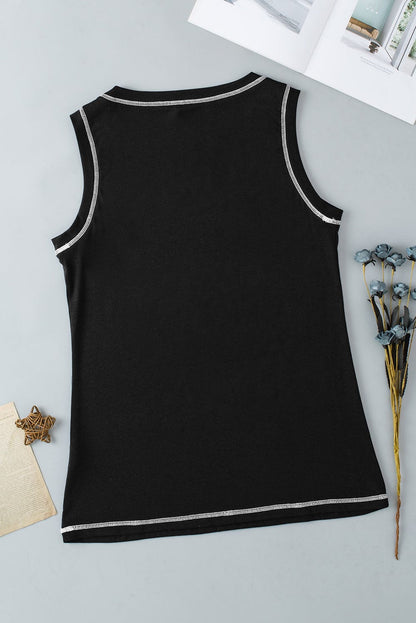 Sleek Black Stitched Round Neck Tank Top