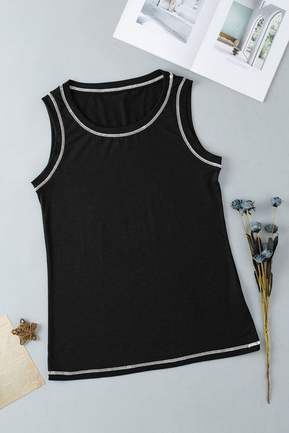 Sleek Black Stitched Round Neck Tank Top