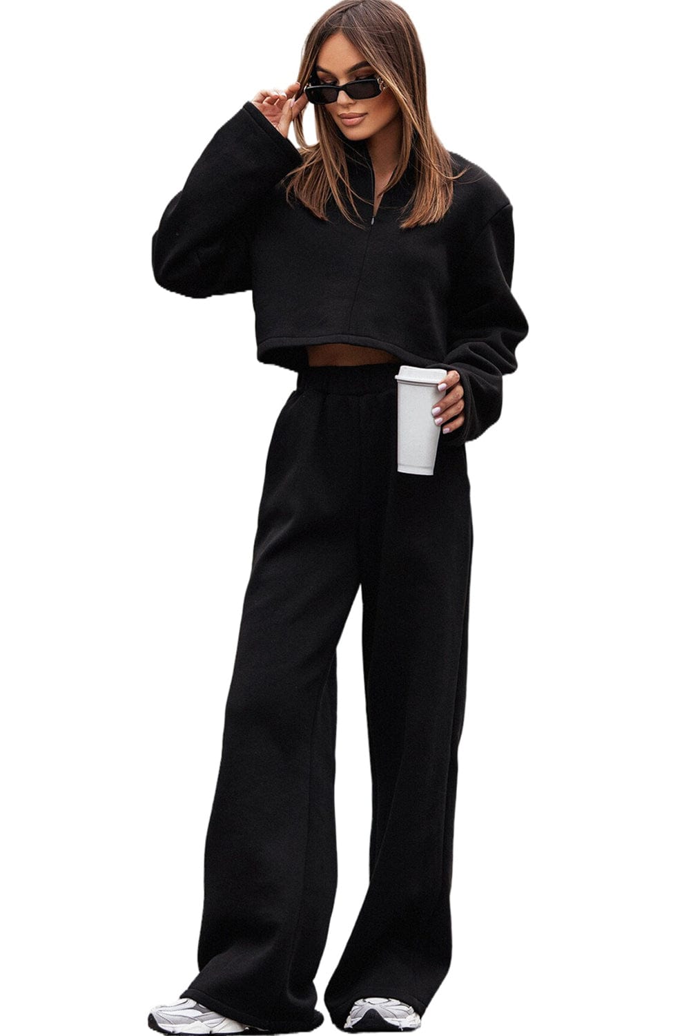 Sleek Black Zippered Collared Top and Wide Leg Pants Ensemble