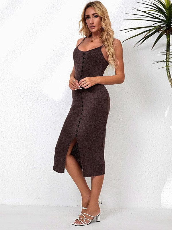 Sleek sexy hip-hugging dress in a solid color with tight knitted skirt featuring a slit-mid design