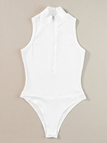 Sleek White Ribbed Zip-Up Mock Neck Bodysuit