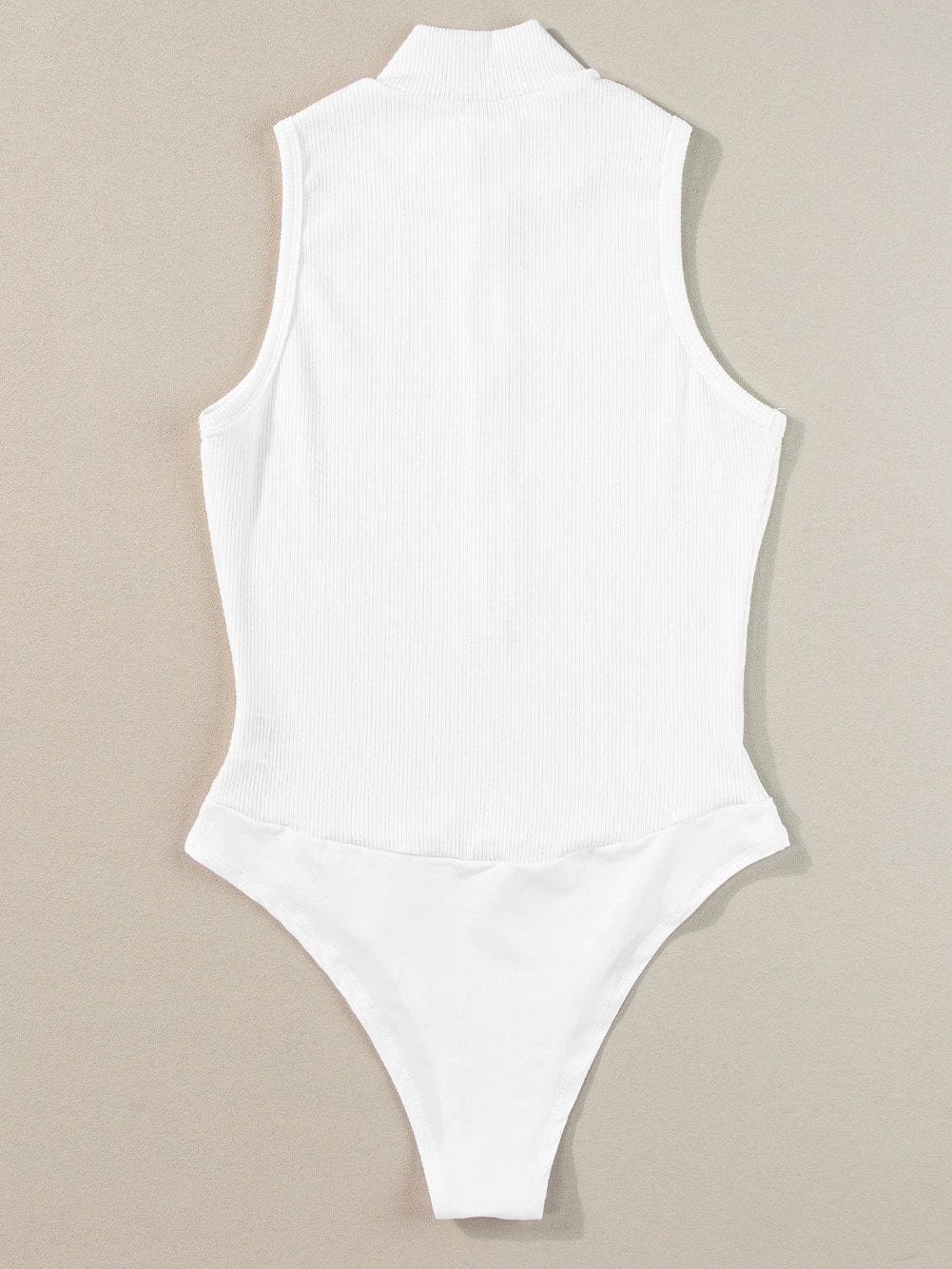 Sleek White Ribbed Zip-Up Mock Neck Bodysuit