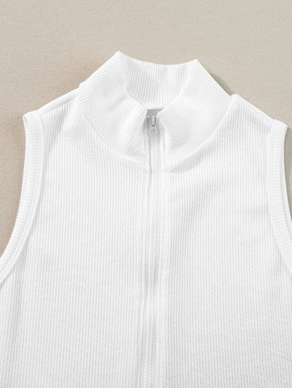 Sleek White Ribbed Zip-Up Mock Neck Bodysuit