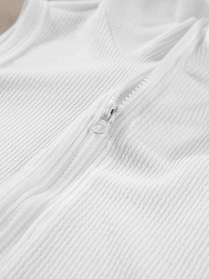 Sleek White Ribbed Zip-Up Mock Neck Bodysuit