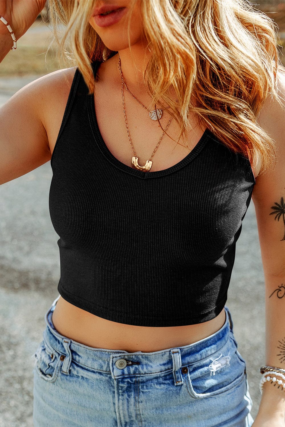 Sleeveless Black Ribbed Knit Sheath Crop Top