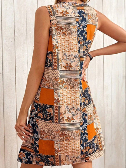 Sleeveless Orange Floral Patchwork A-Line Mini Dress