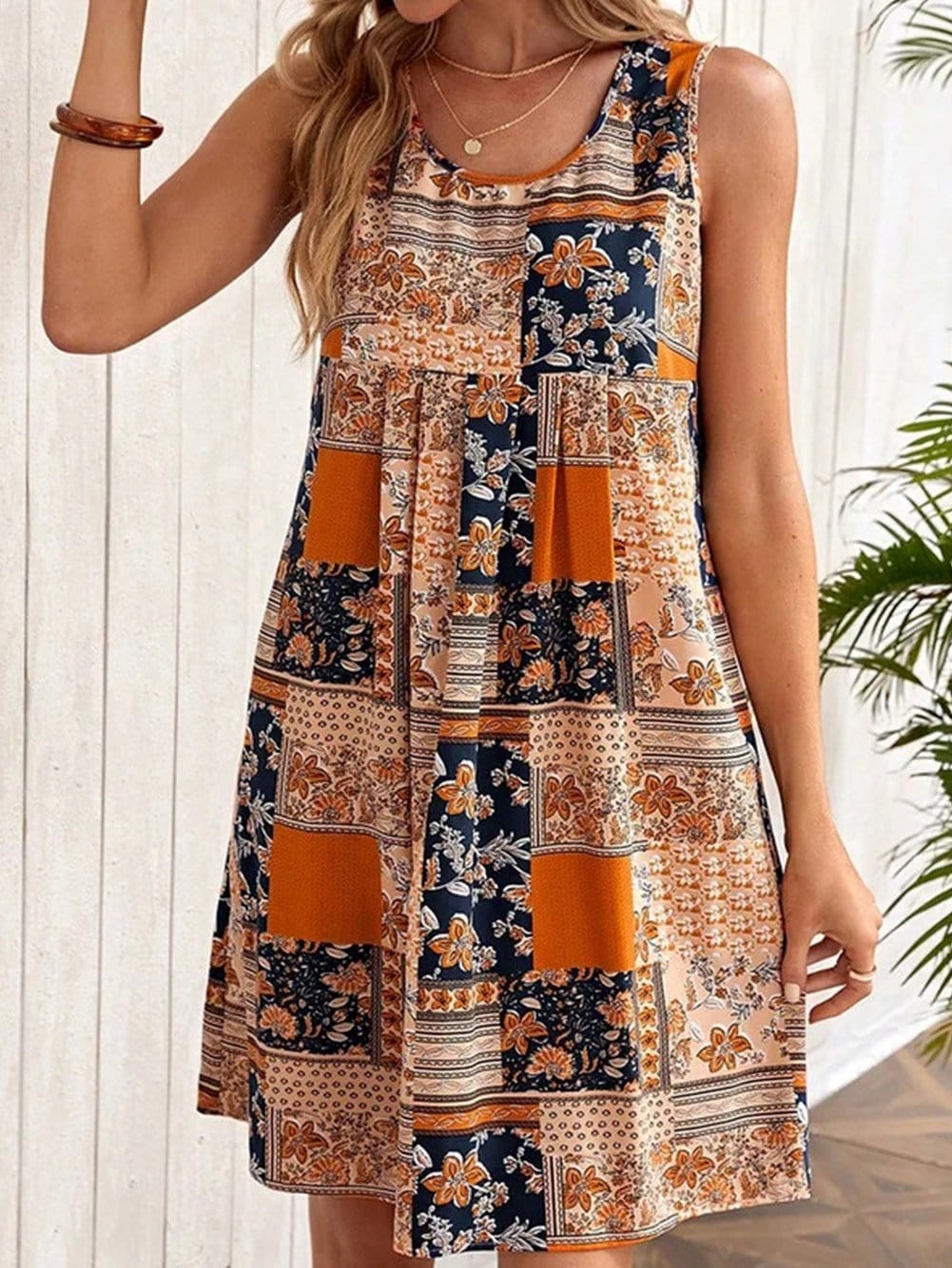 Sleeveless Orange Floral Patchwork A-Line Mini Dress
