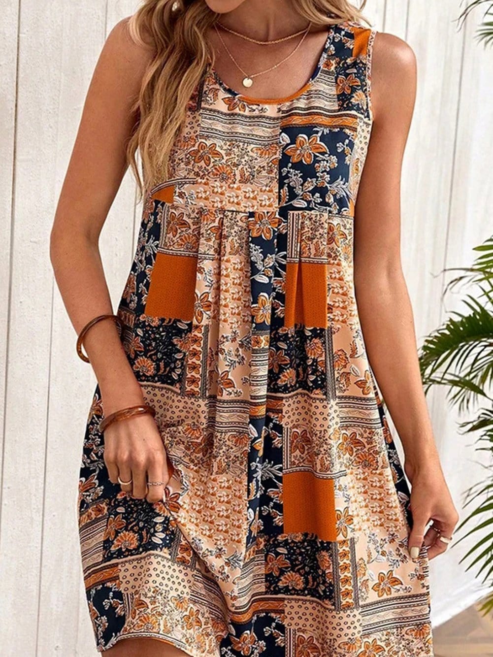 Sleeveless Orange Floral Patchwork A-Line Mini Dress